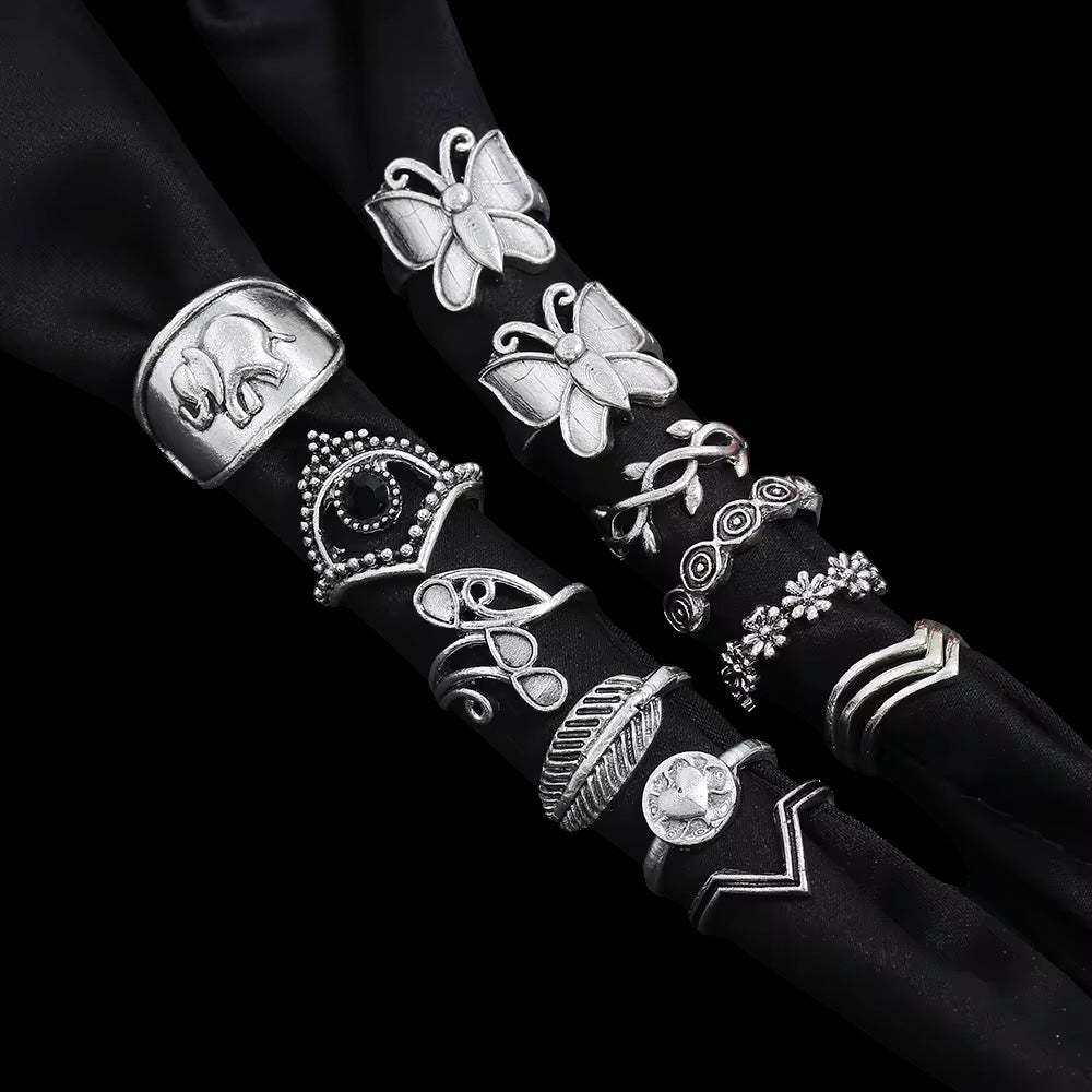 Boho Butterfly & Elephant Ring Set (15pcs) – Vintage Silver Statement Rings - Fatisha Boutique #