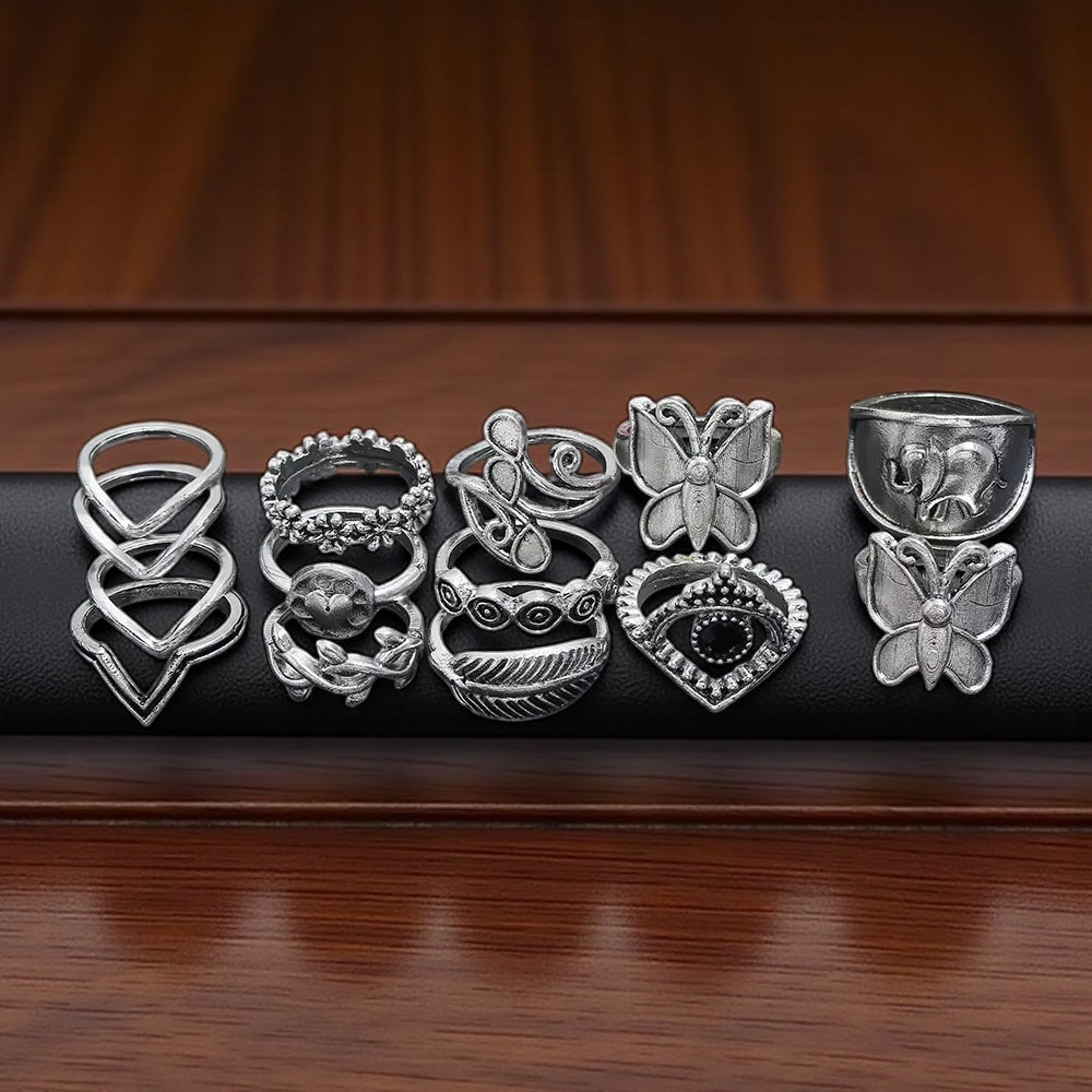 Boho Butterfly & Elephant Ring Set (15pcs) – Vintage Silver Statement Rings - Fatisha Boutique #