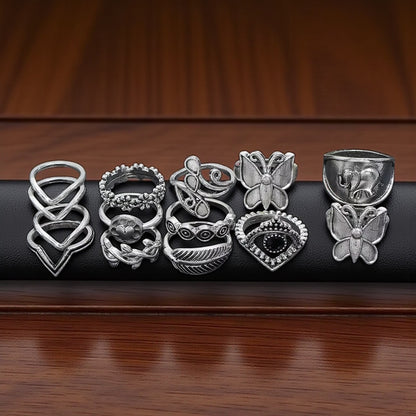 Boho Butterfly & Elephant Ring Set (15pcs) – Vintage Silver Statement Rings - Fatisha Boutique #