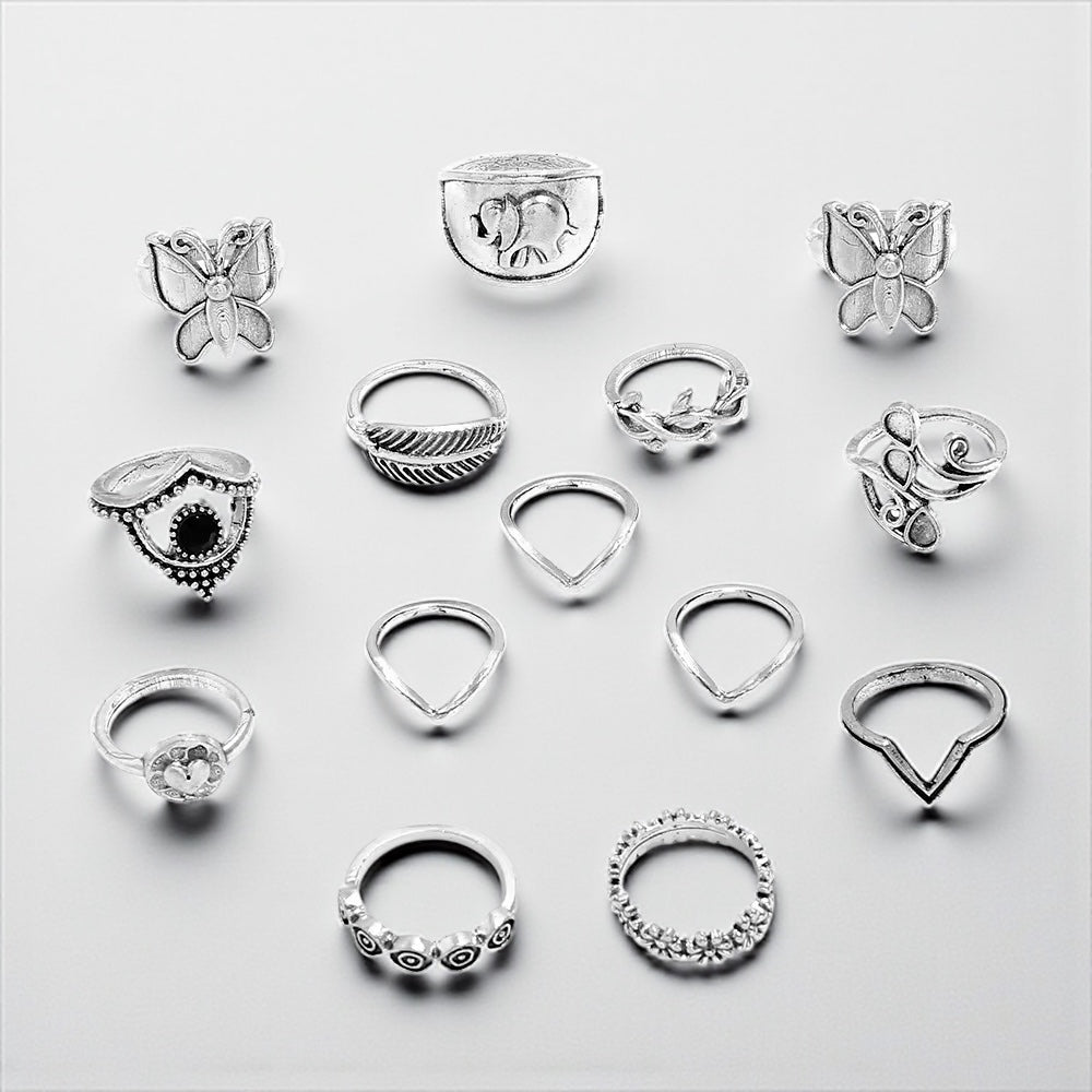 Boho Butterfly & Elephant Ring Set (15pcs) – Vintage Silver Statement Rings - Fatisha Boutique #