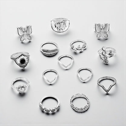 Boho Butterfly & Elephant Ring Set (15pcs) – Vintage Silver Statement Rings - Fatisha Boutique #
