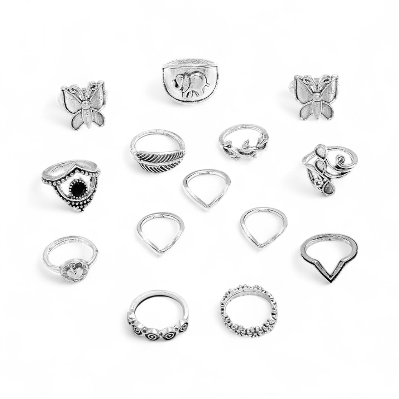 Boho Butterfly & Elephant Ring Set (15pcs) – Vintage Silver Statement Rings - Fatisha Boutique #