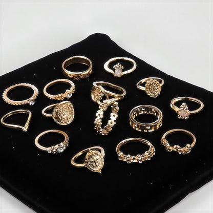 15-Piece Vintage Boho Gold Ring Set – Adjustable Retro Statement Rings for Women - Fatisha Boutique #