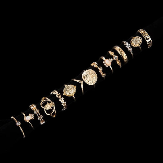 15-Piece Vintage Boho Gold Ring Set – Adjustable Retro Statement Rings for Women