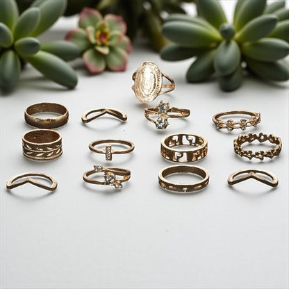15-Piece Vintage Boho Gold Ring Set – Adjustable Retro Statement Rings for Women - Fatisha Boutique #
