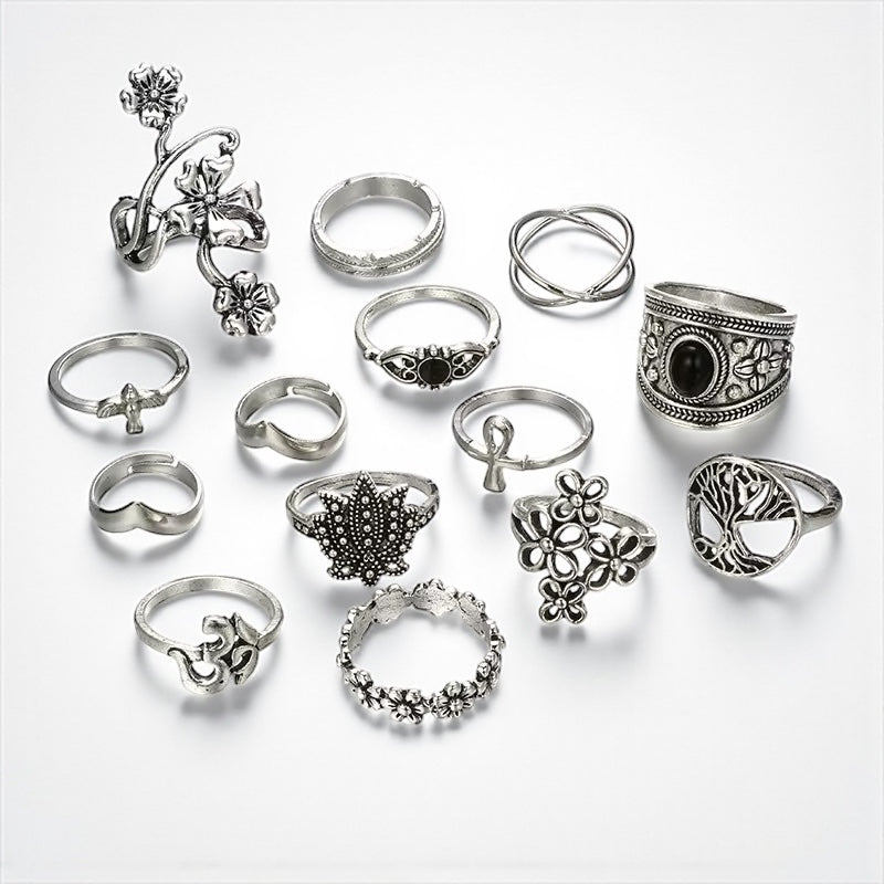 Set of 14 Bohemian Silver Rings – Vintage Floral & Nature Adjustable Jewellery - Fatisha Boutique #