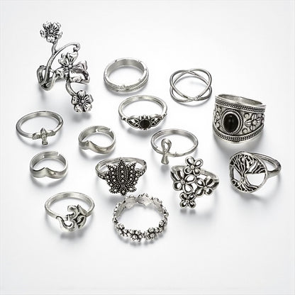Set of 14 Bohemian Silver Rings – Vintage Floral & Nature Adjustable Jewellery - Fatisha Boutique #