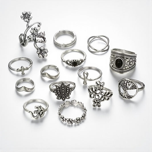 Set of 14 Bohemian Silver Rings – Vintage Floral & Nature Adjustable Jewellery - Fatisha Boutique #