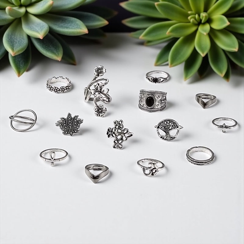 Set of 14 Bohemian Silver Rings – Vintage Floral & Nature Adjustable Jewellery - Fatisha Boutique #
