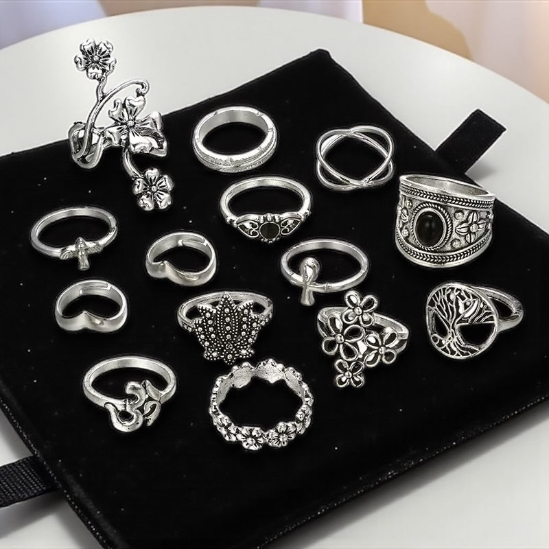 Set of 14 Bohemian Silver Rings – Vintage Floral & Nature Adjustable Jewellery - Fatisha Boutique #