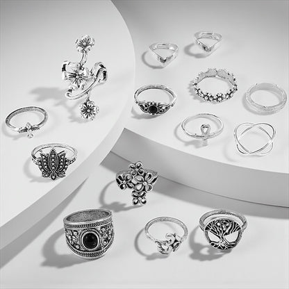 Set of 14 Bohemian Silver Rings – Vintage Floral & Nature Adjustable Jewellery - Fatisha Boutique #