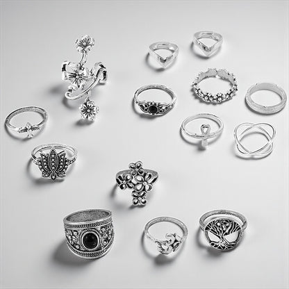 Set of 14 Bohemian Silver Rings – Vintage Floral & Nature Adjustable Jewellery - Fatisha Boutique #