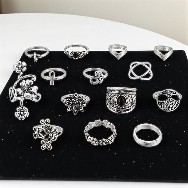 Set of 14 Bohemian Silver Rings – Vintage Floral & Nature Adjustable Jewellery - Fatisha Boutique #