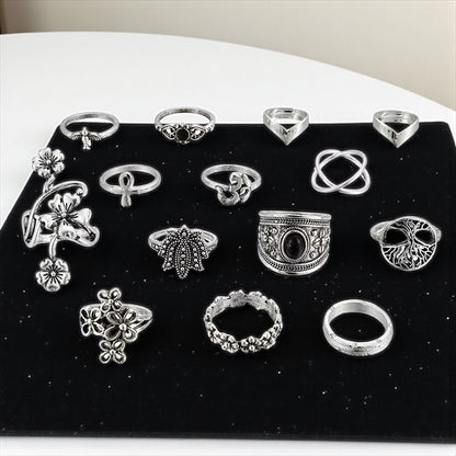Set of 14 Bohemian Silver Rings – Vintage Floral & Nature Adjustable Jewellery - Fatisha Boutique #