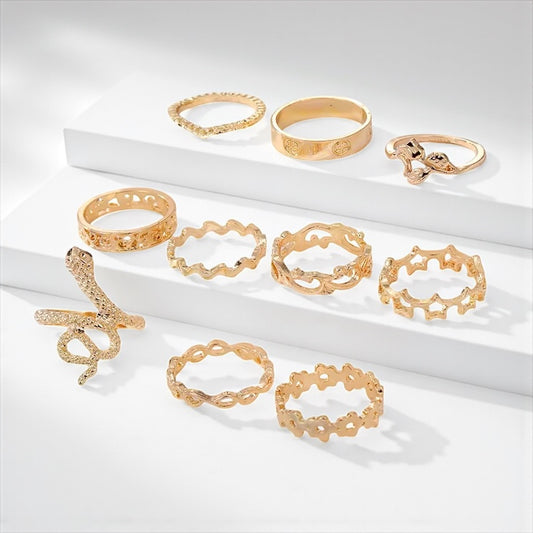 Set of 10 Gold Rings – Snake, Stars & Geometric Stackable Fashion Jewellery - Fatisha Boutique #