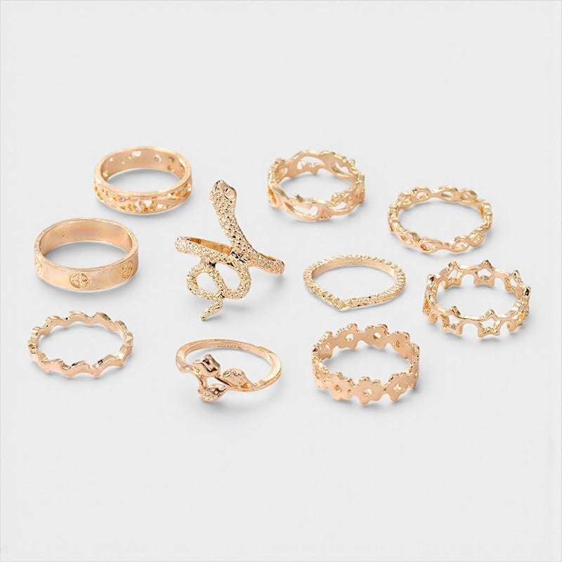 Set of 10 Gold Rings – Snake, Stars & Geometric Stackable Fashion Jewellery - Fatisha Boutique #