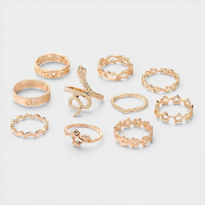 Set of 10 Gold Rings – Snake, Stars & Geometric Stackable Fashion Jewellery - Fatisha Boutique #