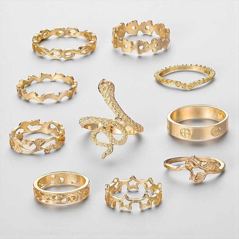 Set of 10 Gold Rings – Snake, Stars & Geometric Stackable Fashion Jewellery - Fatisha Boutique #
