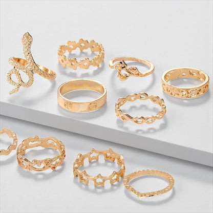 Set of 10 Gold Rings – Snake, Stars & Geometric Stackable Fashion Jewellery - Fatisha Boutique #