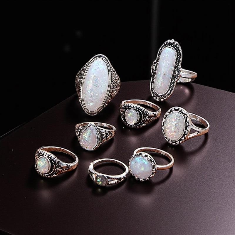 Set of 8 Vintage Silver Opal-Style Rings – Bohemian Stackable Jewellery - Fatisha Boutique #