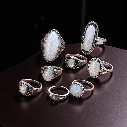Set of 8 Vintage Silver Opal-Style Rings – Bohemian Stackable Jewellery - Fatisha Boutique #
