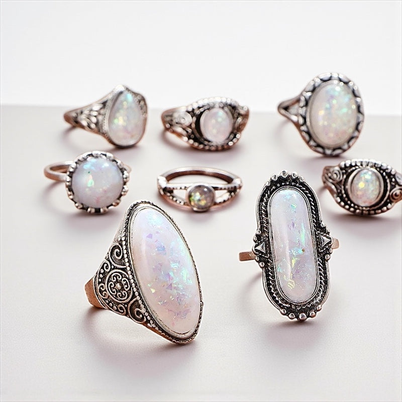 Set of 8 Vintage Silver Opal-Style Rings – Bohemian Stackable Jewellery - Fatisha Boutique #