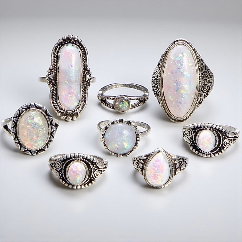 Set of 8 Vintage Silver Opal-Style Rings – Bohemian Stackable Jewellery - Fatisha Boutique #