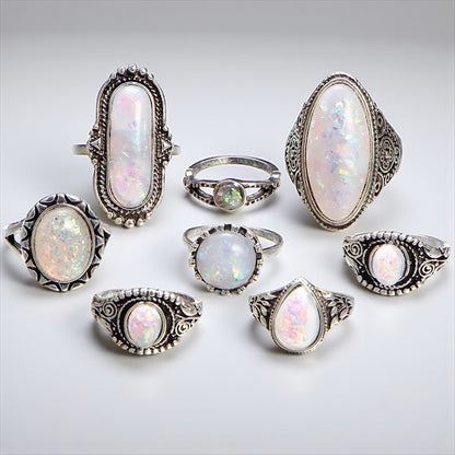 Set of 8 Vintage Silver Opal-Style Rings – Bohemian Stackable Jewellery - Fatisha Boutique #