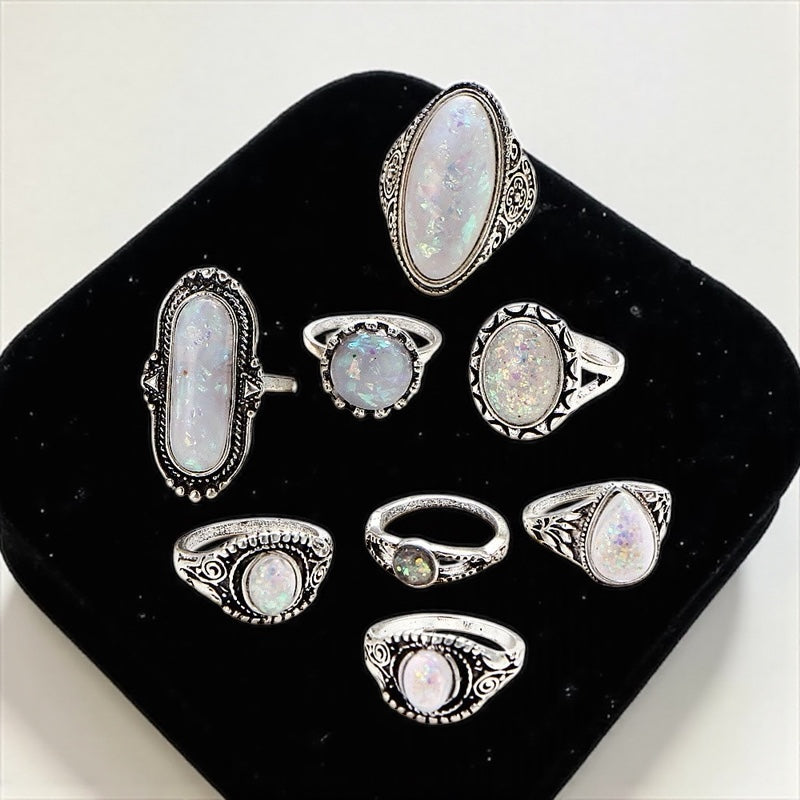 Set of 8 Vintage Silver Opal-Style Rings – Bohemian Stackable Jewellery - Fatisha Boutique #