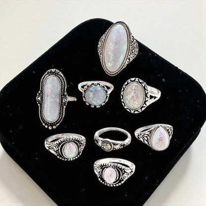 Set of 8 Vintage Silver Opal-Style Rings – Bohemian Stackable Jewellery - Fatisha Boutique #