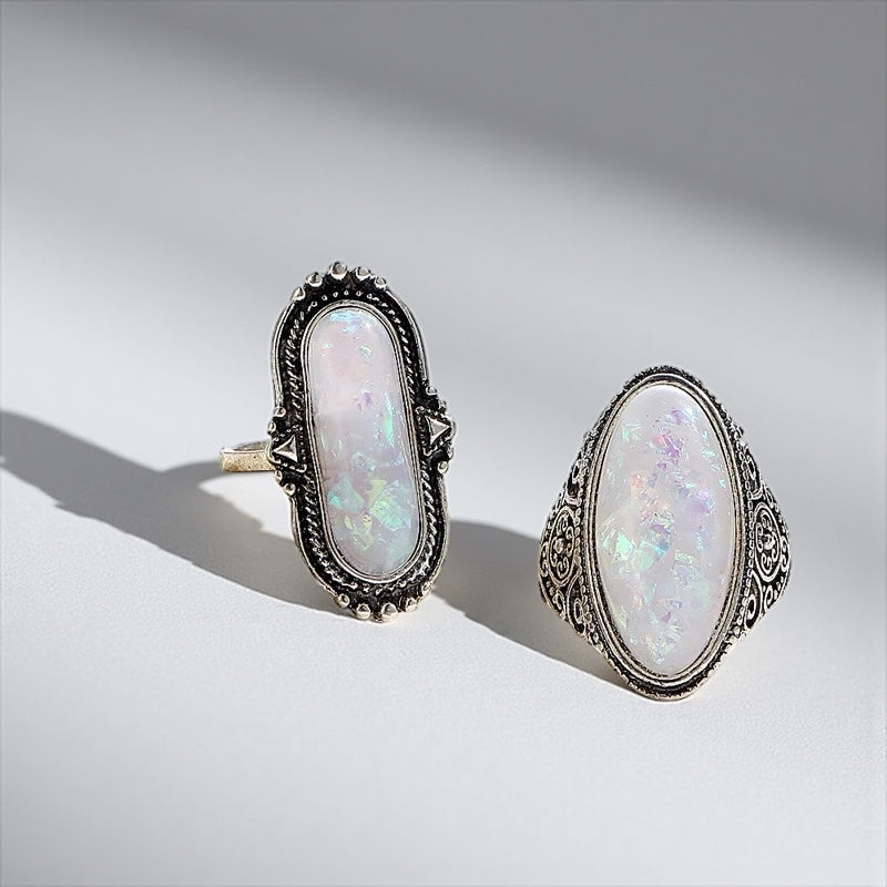 Set of 8 Vintage Silver Opal-Style Rings – Bohemian Stackable Jewellery - Fatisha Boutique #
