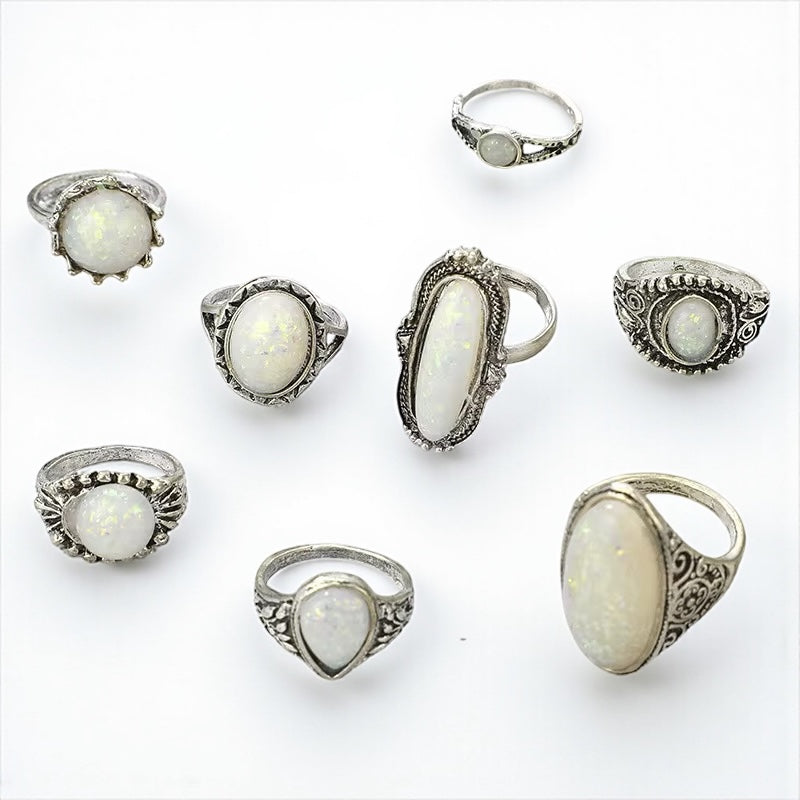 Set of 8 Vintage Silver Opal-Style Rings – Bohemian Stackable Jewellery - Fatisha Boutique #