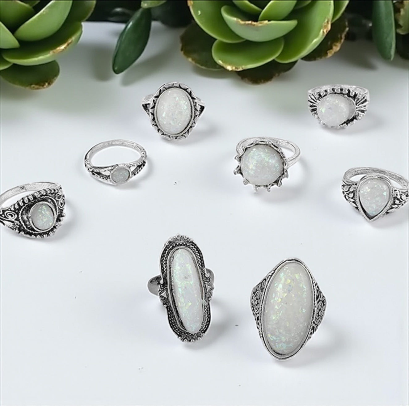 Set of 8 Vintage Silver Opal-Style Rings – Bohemian Stackable Jewellery - Fatisha Boutique #