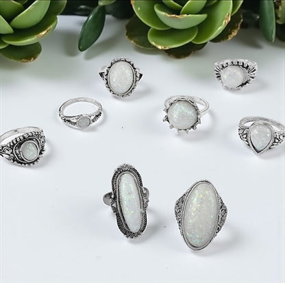 Set of 8 Vintage Silver Opal-Style Rings – Bohemian Stackable Jewellery - Fatisha Boutique #