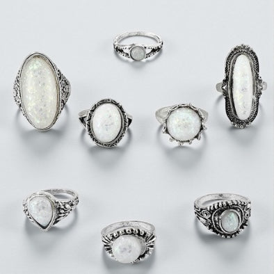 Set of 8 Vintage Silver Opal-Style Rings – Bohemian Stackable Jewellery - Fatisha Boutique #