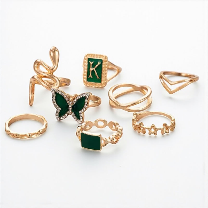 Set of 8 Green & Gold Rings – Butterfly, Snake & Geometric Stackable Jewellery - Fatisha Boutique #