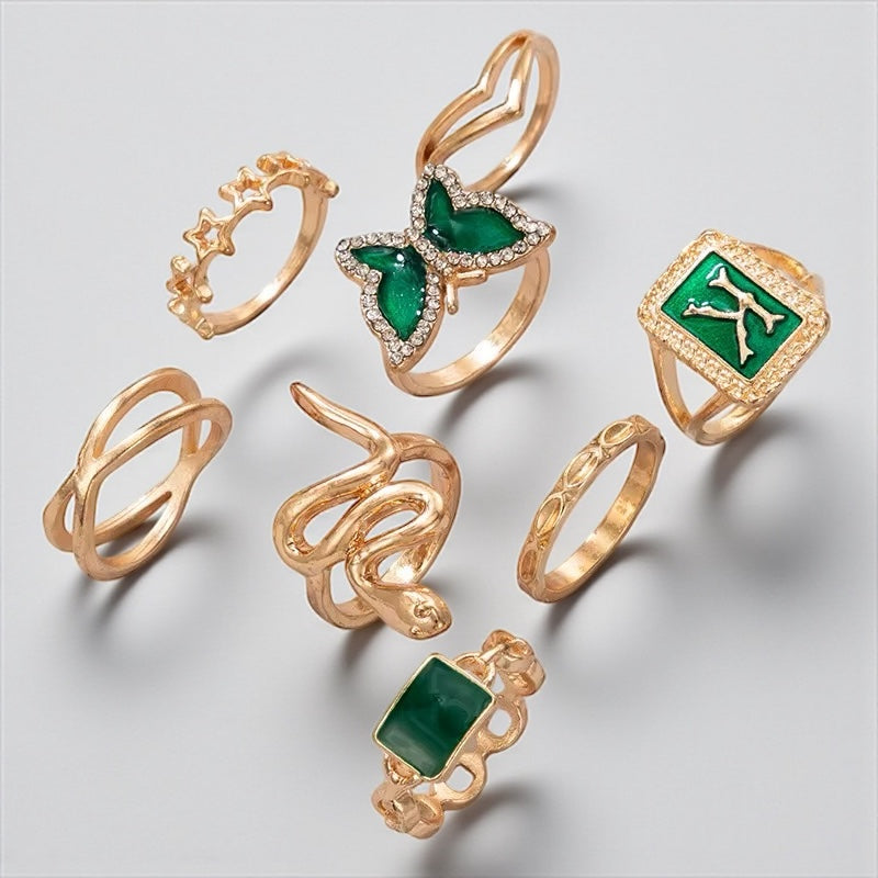 Set of 8 Green & Gold Rings – Butterfly, Snake & Geometric Stackable Jewellery - Fatisha Boutique #