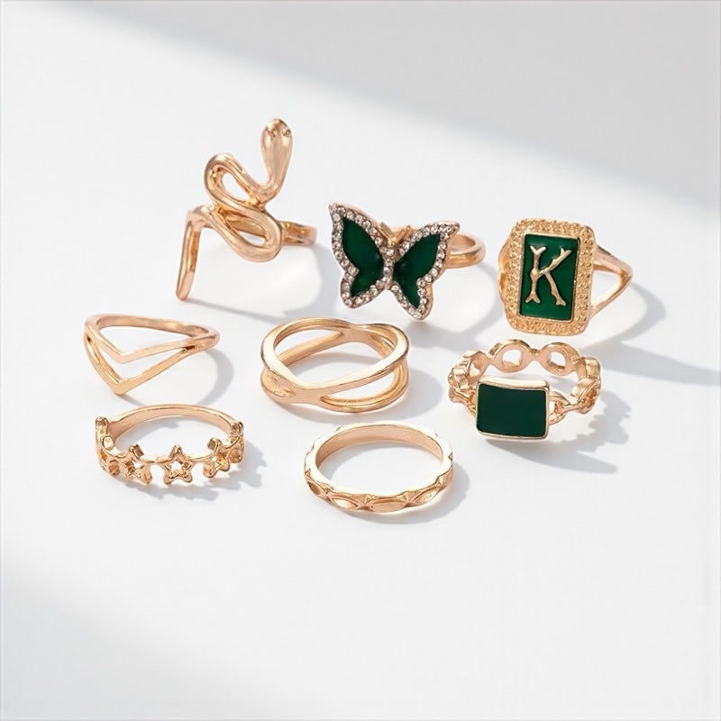 Set of 8 Green & Gold Rings – Butterfly, Snake & Geometric Stackable Jewellery - Fatisha Boutique #