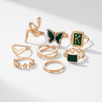 Set of 8 Green & Gold Rings – Butterfly, Snake & Geometric Stackable Jewellery - Fatisha Boutique #