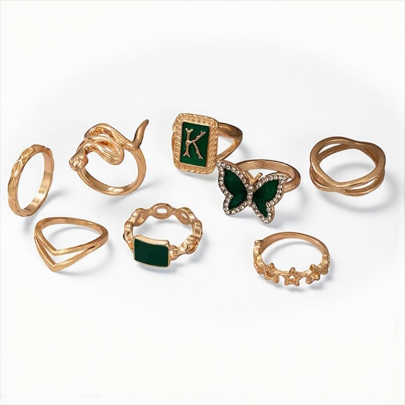 Set of 8 Green & Gold Rings – Butterfly, Snake & Geometric Stackable Jewellery - Fatisha Boutique #