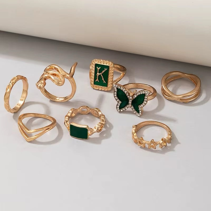 Set of 8 Green & Gold Rings – Butterfly, Snake & Geometric Stackable Jewellery - Fatisha Boutique #