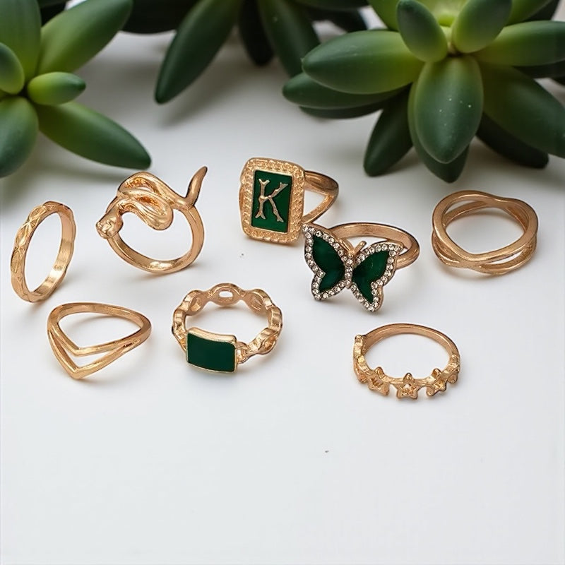 Set of 8 Green & Gold Rings – Butterfly, Snake & Geometric Stackable Jewellery - Fatisha Boutique #