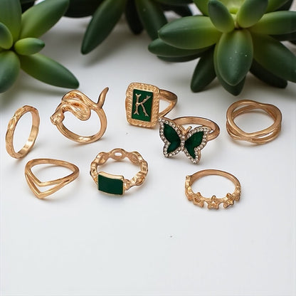 Set of 8 Green & Gold Rings – Butterfly, Snake & Geometric Stackable Jewellery - Fatisha Boutique #