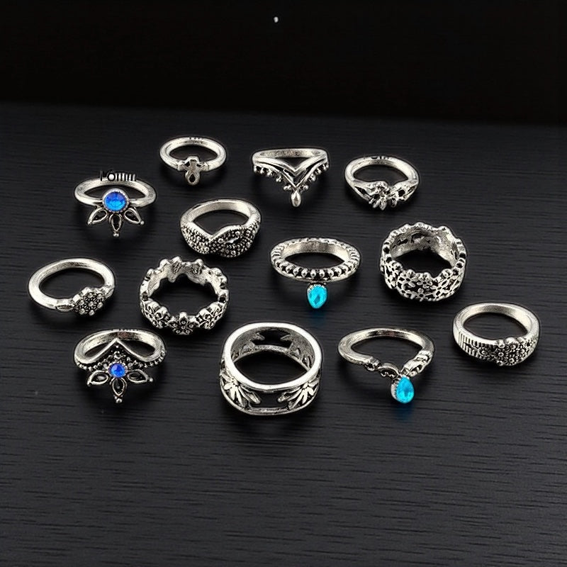 Set of 13 Boho Vintage Silver Rings – Celestial & Tribal Style Midi Finger Jewellery - Fatisha Boutique #