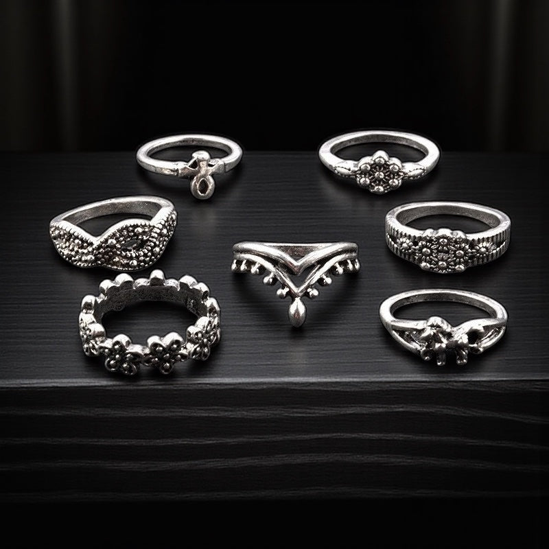 Set of 13 Boho Vintage Silver Rings – Celestial & Tribal Style Midi Finger Jewellery - Fatisha Boutique #