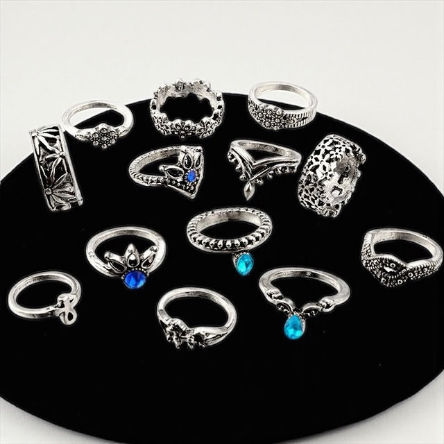 Set of 13 Boho Vintage Silver Rings – Celestial & Tribal Style Midi Finger Jewellery - Fatisha Boutique #