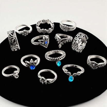 Set of 13 Boho Vintage Silver Rings – Celestial & Tribal Style Midi Finger Jewellery - Fatisha Boutique #