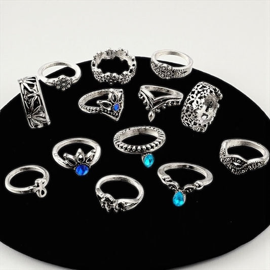 Set of 13 Boho Vintage Silver Rings – Celestial & Tribal Style Midi Finger Jewellery - Fatisha Boutique #