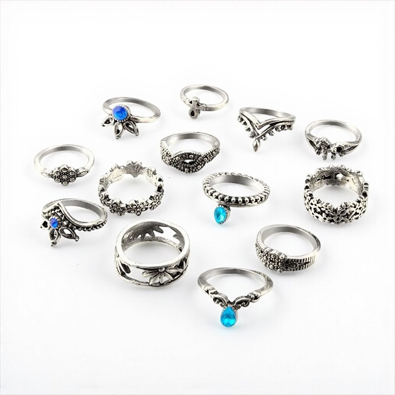 Set of 13 Boho Vintage Silver Rings – Celestial & Tribal Style Midi Finger Jewellery - Fatisha Boutique #