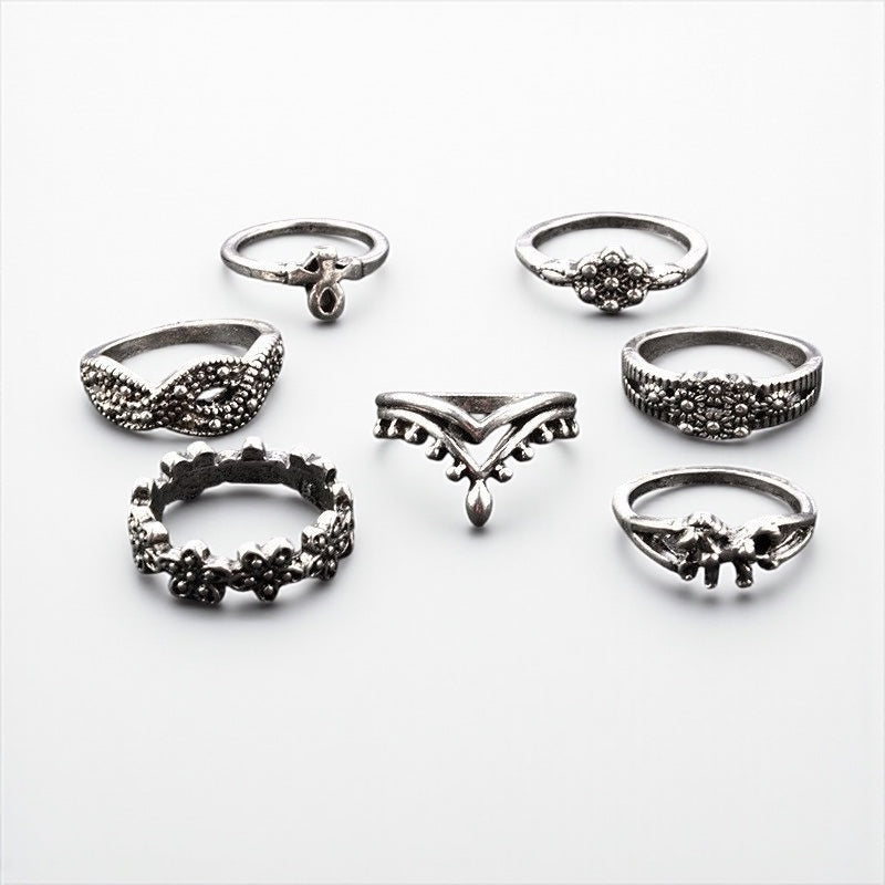 Set of 13 Boho Vintage Silver Rings – Celestial & Tribal Style Midi Finger Jewellery - Fatisha Boutique #
